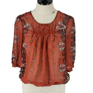 Mossimo Woman's Sheer Red Floral Printed Peasant Blouse Size XS